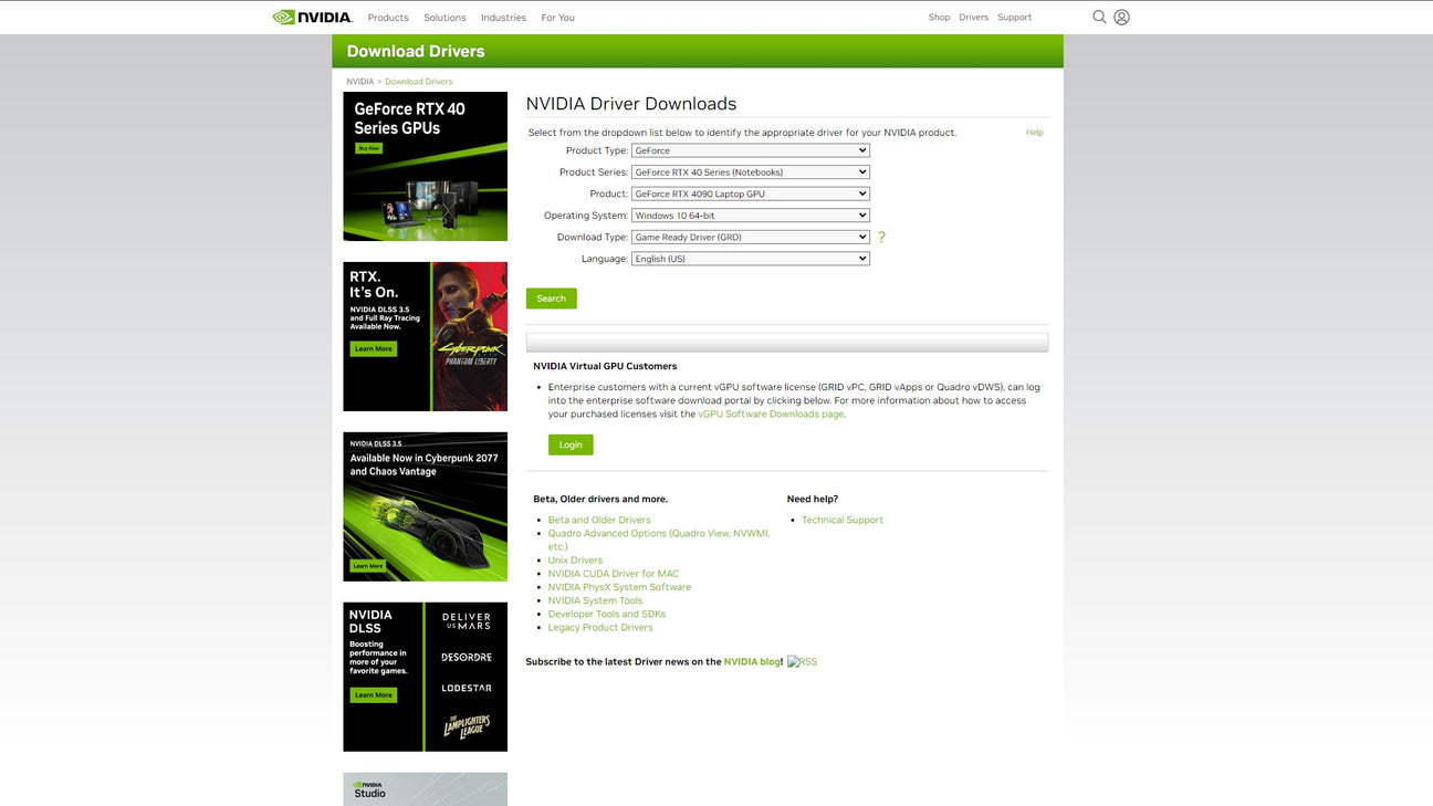 Nvidia drivers website page